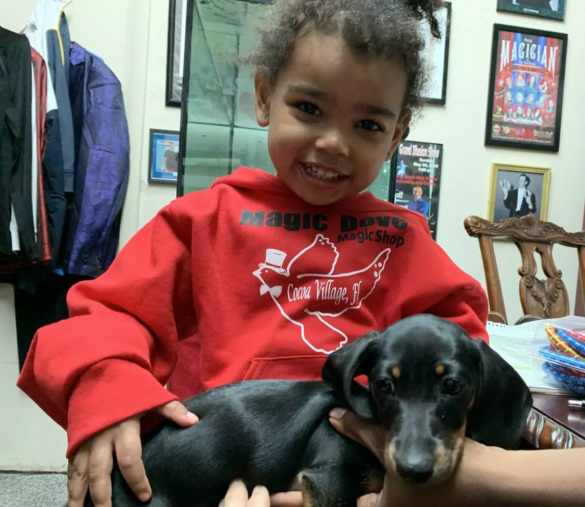 A small girl holding a puppy and smiling