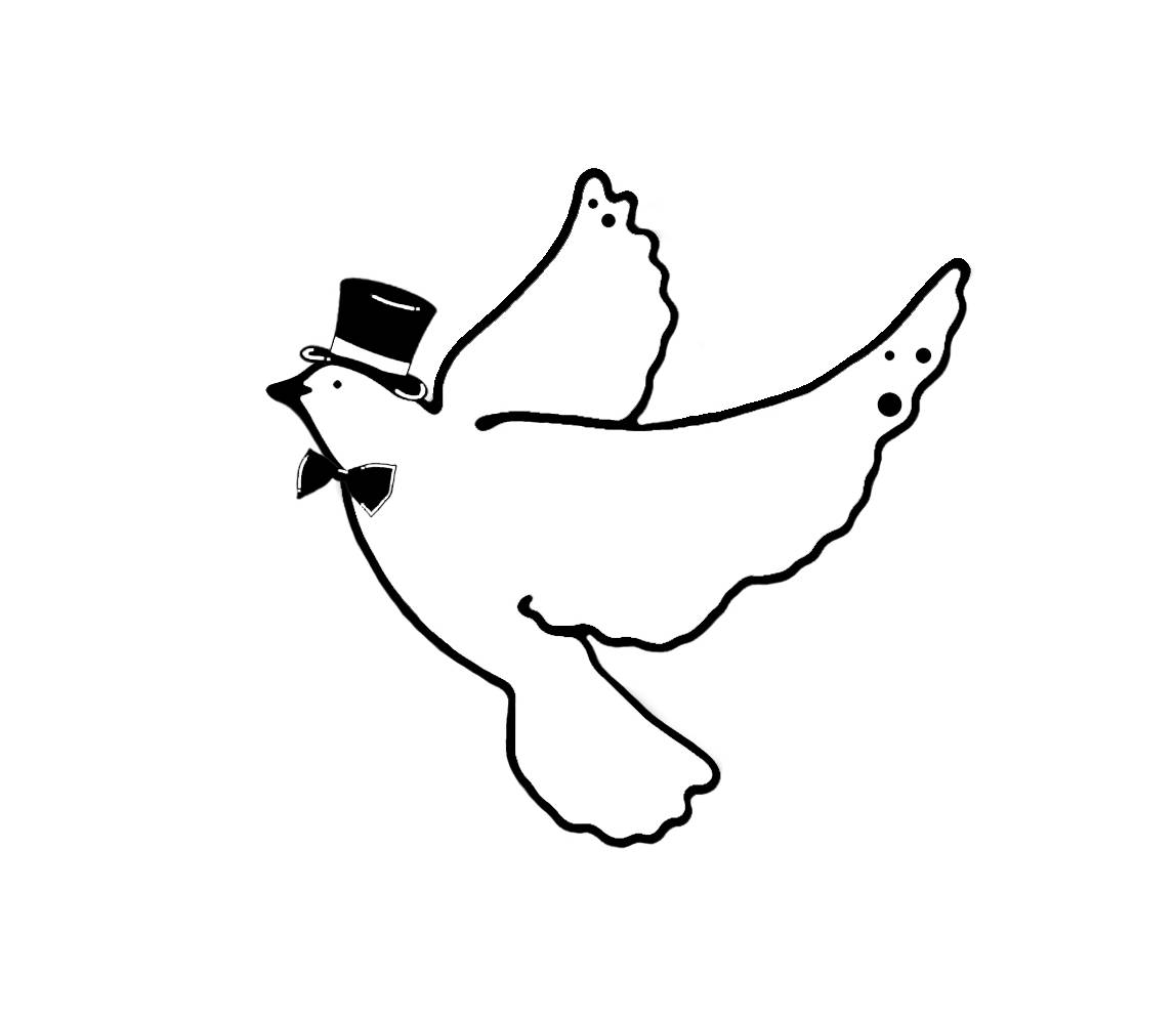 A pidgeon in black with a black hat with a white background