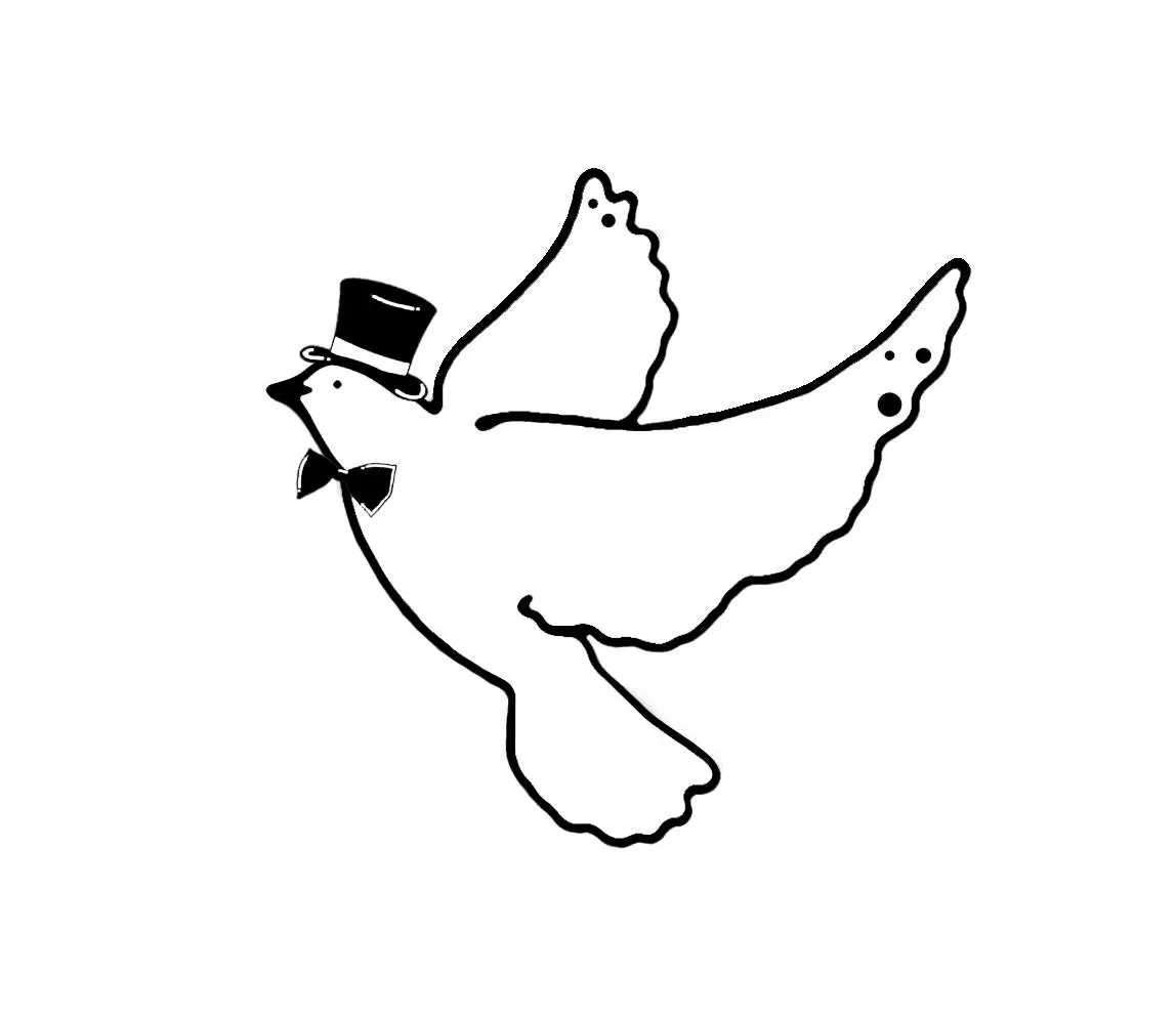 A pidgeon in black with a black hat with a white background