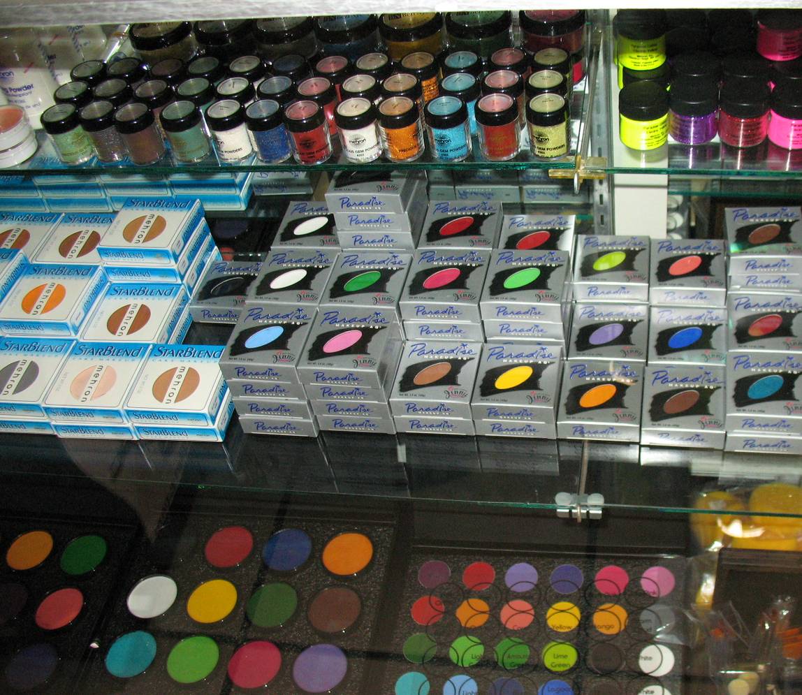Colorful products on the glass shelves