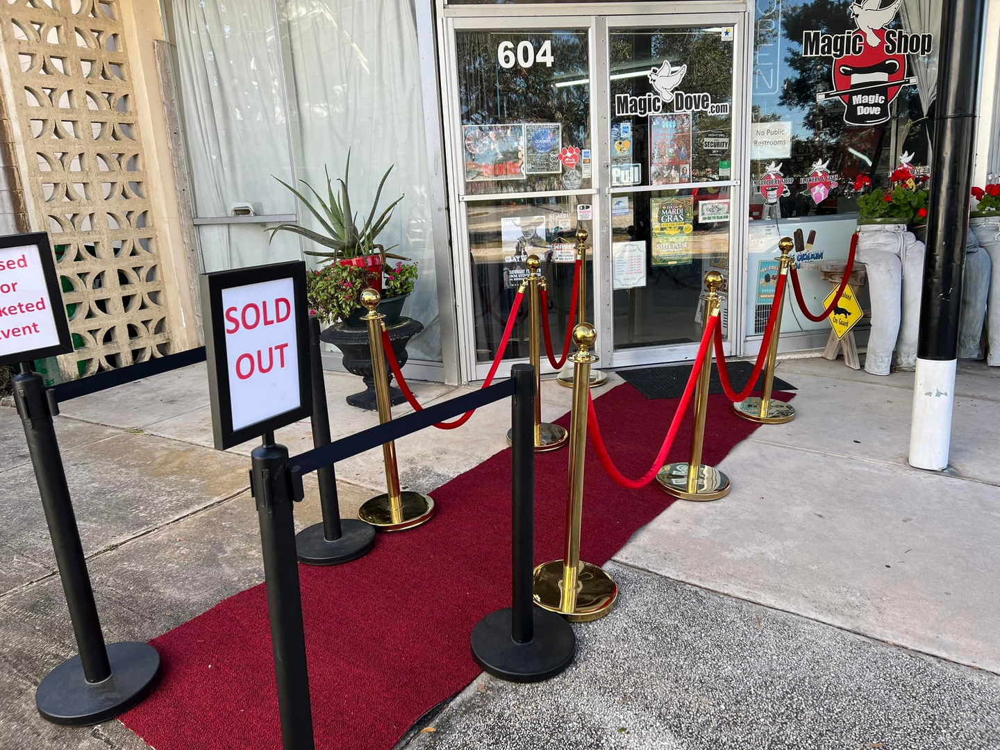 A red carpet with red ropes in front of a store.