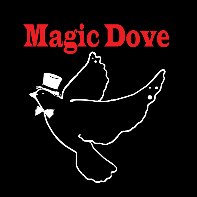 Magic dove logo with a pigeon flying in a top hat.